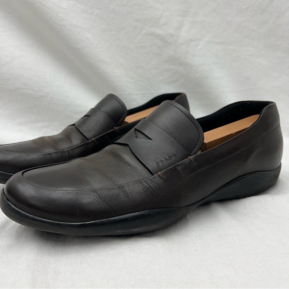 Authentic PRADA Driving Penny Loafers US Size 11 Brown Leather Rubber Soles